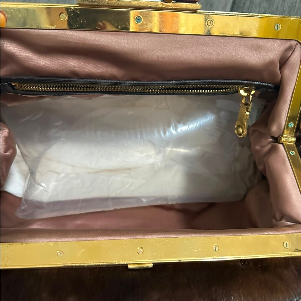 Miu Miu Brown Mink Fur Oversized Clutch with Gold Handle Accent & Brown Strap - Picture 6 of 14